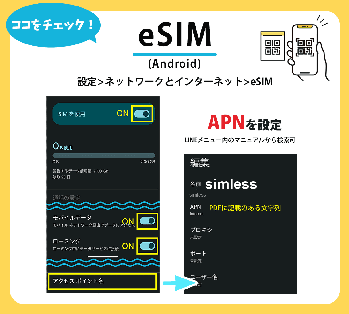 Android 到着後の設定チェック：SIM 使用 ON・モバイルデータ・ローミング ON・APN 設定