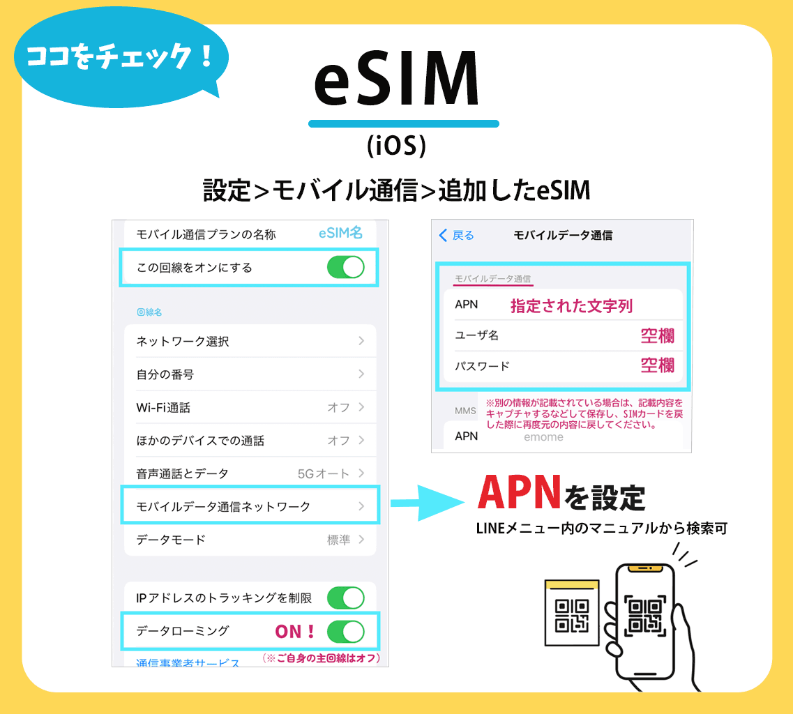 iPhone（iOS）到着後の設定チェック：回線オン・モバイルデータ・データローミング ON・APN 設定